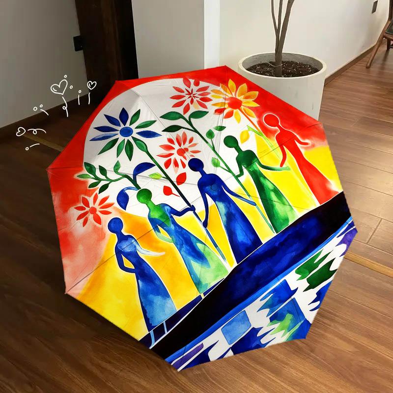 1 шт. Женский автоматический складной зонт Harmony, Прочная железная конструкция с 8 ребрами, Подходит для путешествий, Ежедневного использования, Подарок на день рождения, Декор 05