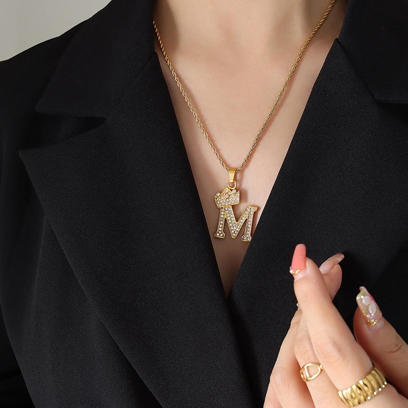 Smart Crown Necklace Korean Version Creative Fashion Design Zircon 26 Letter Pendant Gold-Plated Collarbone Chain Jewelry