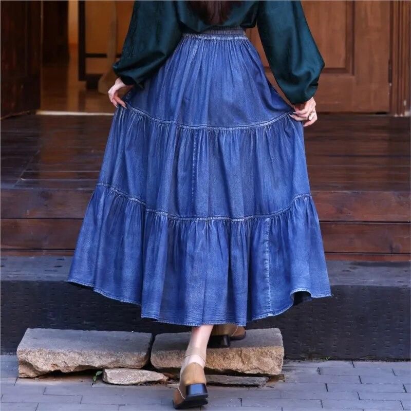 Johnature Woman Spring Casual Splicing A-Line Skirts Solid Color Cotton Vintage Retro Chinese Style Skirts