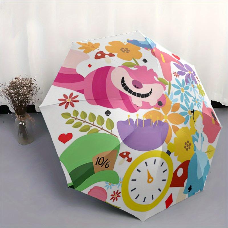 1pc Alice in Wonderland Automatic Opening/Closing Umbrella - Portable 3-Fold Design with 8-Bone Iron Frame, Outdoor, for Fans, Travelers, Da