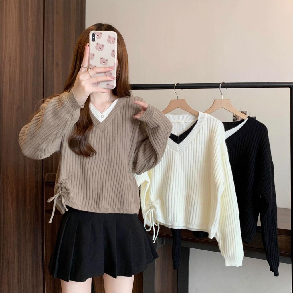 Knitted Sweater Women's Autumn Winter Versatile Slimming V-neck Long Sleeved Fake Two-piece Drawstring Sweater