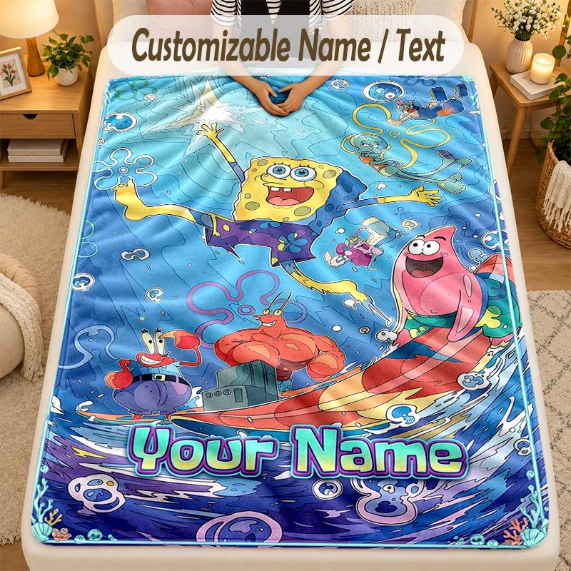 Flannel BlanketSpongeBob Custom Name Text Personalized Soft Warm Throw Blanket Home Decor Gift