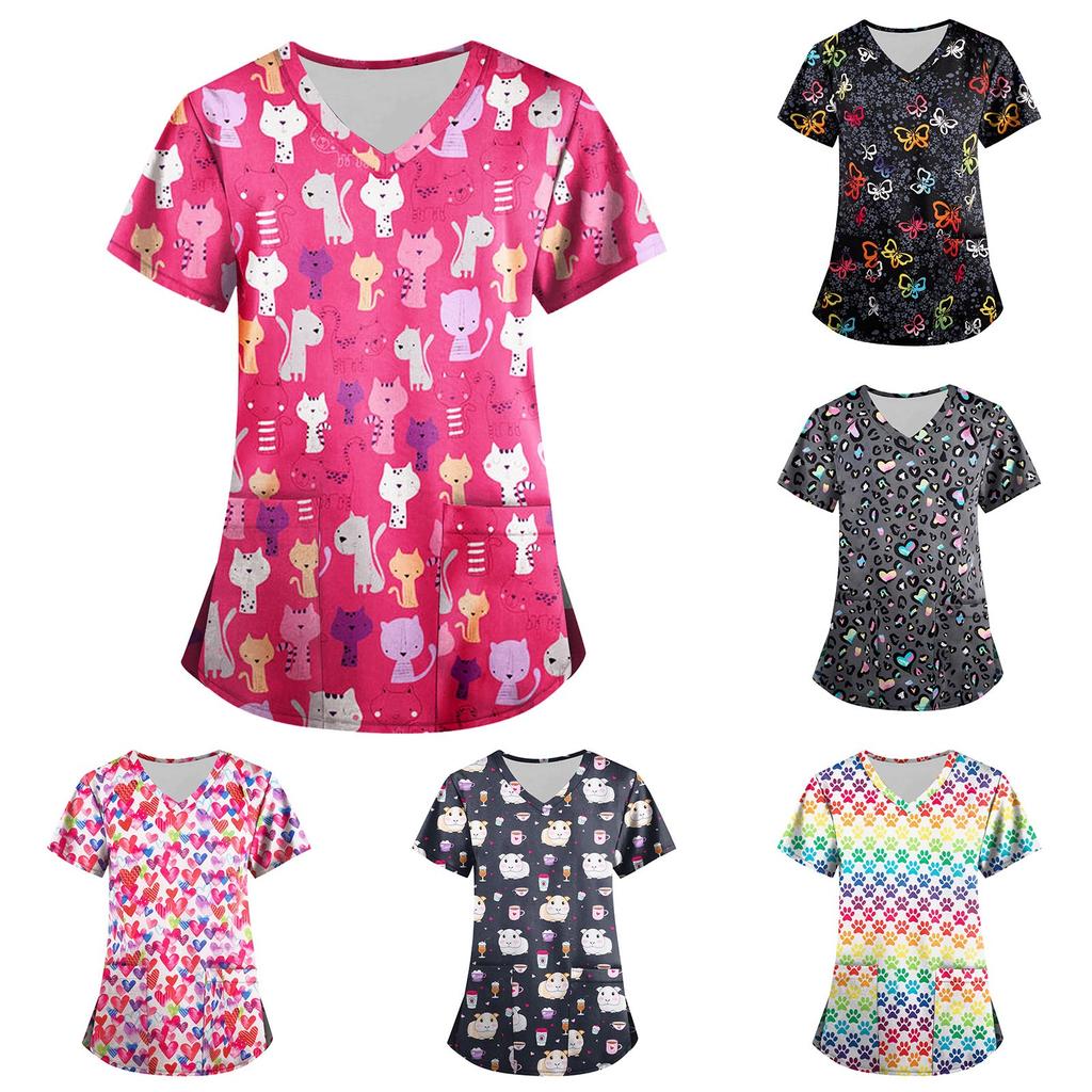Женская мода с v-образным вырезом, короткими рукавами и карманами, топы с принтом