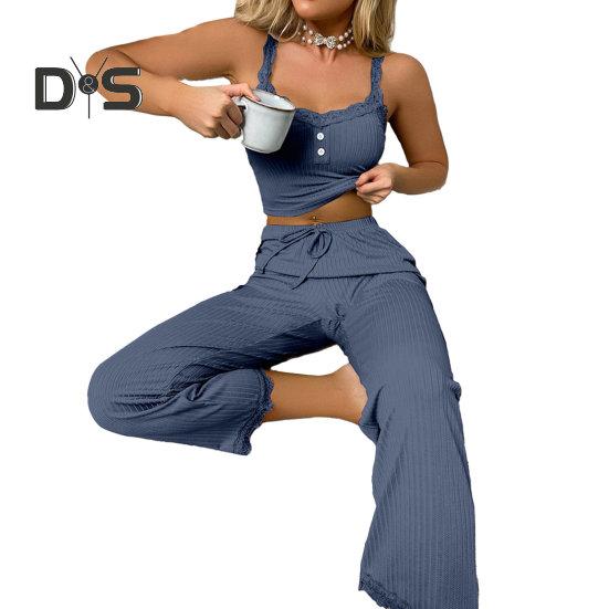 2 Pcs/Set Pants Top Suit Low-cut V Neck Sleeveless Solid Color Shirring Drawstring High Elastic Waist Lace Women Summer Pajamas Set Homewear Tank Top