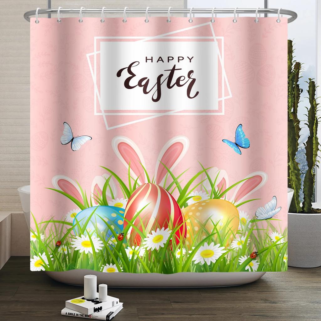 Весенняя Пасхальная Занавеска для душа Счастливый Кролик Кролик Яйца Цветочный Сад Цветочный Праздничный Водонепроницаемая Занавеска для душа для ванной комнаты с крючками
