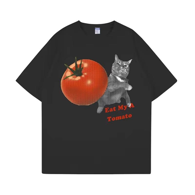Funny Cat Meme Tshirt Tomato Throwing Kitten Printed Tshirt Couples Tshirt Oversized Unisex High Quality Classic Y2k Short