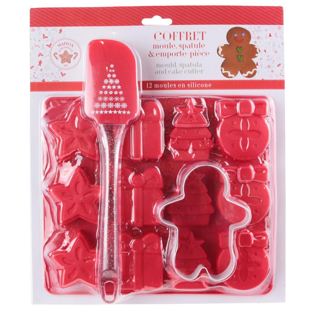 Les Trésors De Lily [Q3215] - Set of 12 Red 'Merry Christmas' Silicone Molds (+spatula + Cookie Cutters)