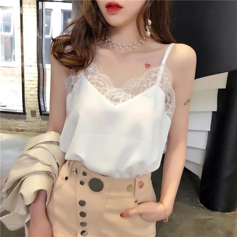 White Suspender Female Lace Vest Summer Suit with V-neck Large Top Lace Bottom Loose Solid Casual Top