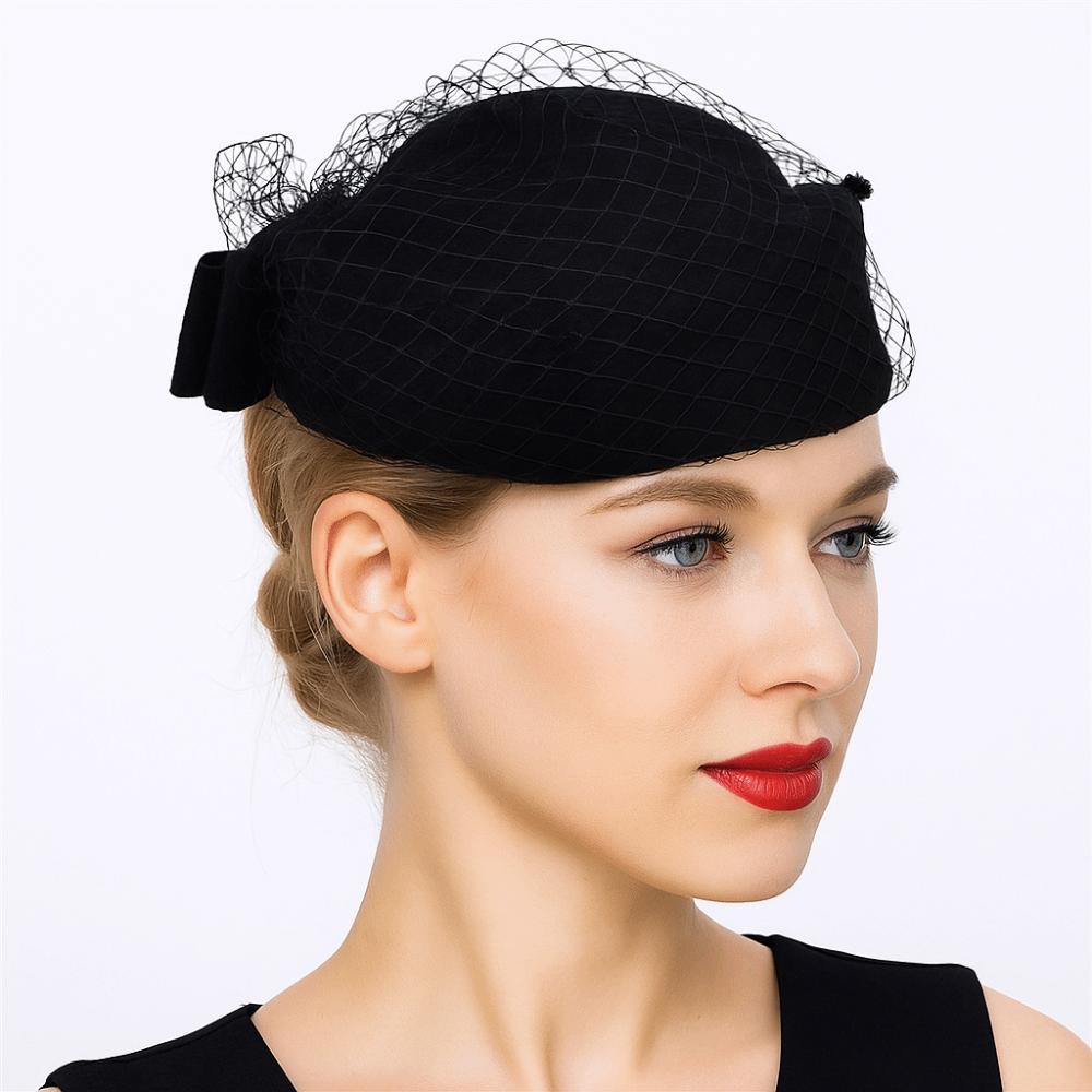 British Style Pillbox Hat Solid Color Topper Hat Elegant Wool Bow Hat with Veil  Bride