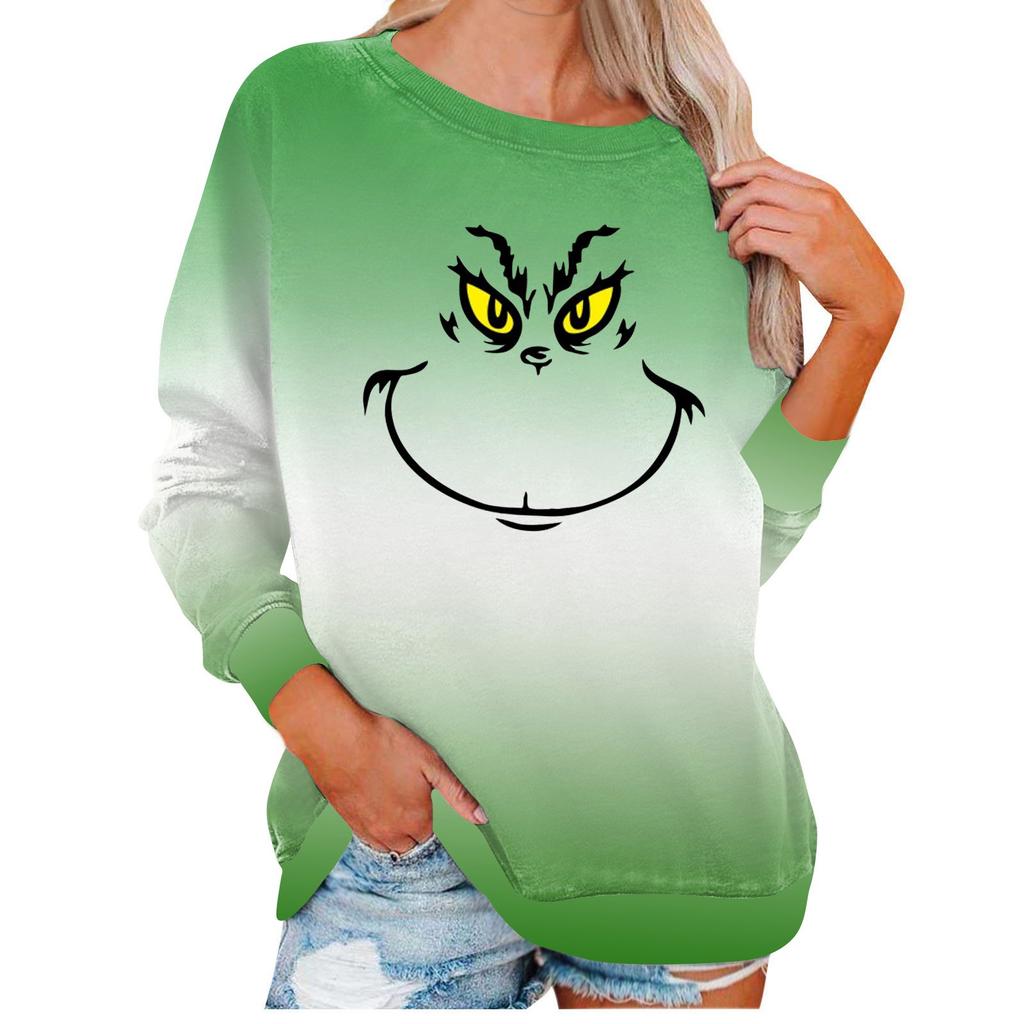 Женская рубашка, повседневная футболка с длинными рукавами и рождественским принтом, круглый вырез и нашивка, топ