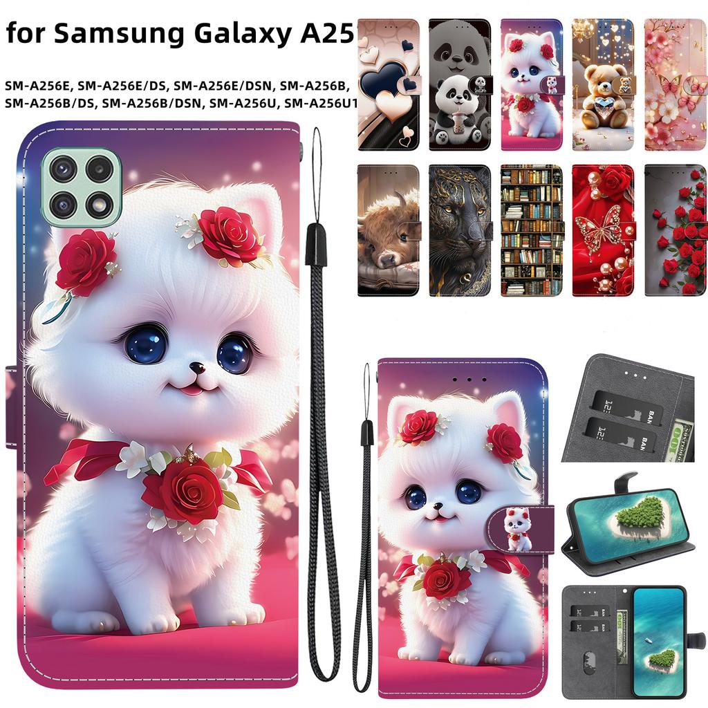 Чехол-книжка из искусственной кожи ручной работы для Samsung Galaxy A25 (SM-A256E/A256B)- Противоскользящий ударопрочный чехол с ремешком на запястье и дизайнами в виде сердец/роз и кошек