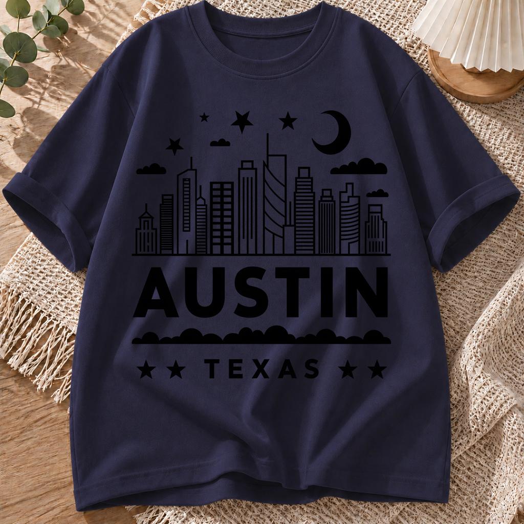 2026 New Pure Cotton Tshirt Austin City Print Casual Crew Neck Short Sleeve Minimalist Street Style Top