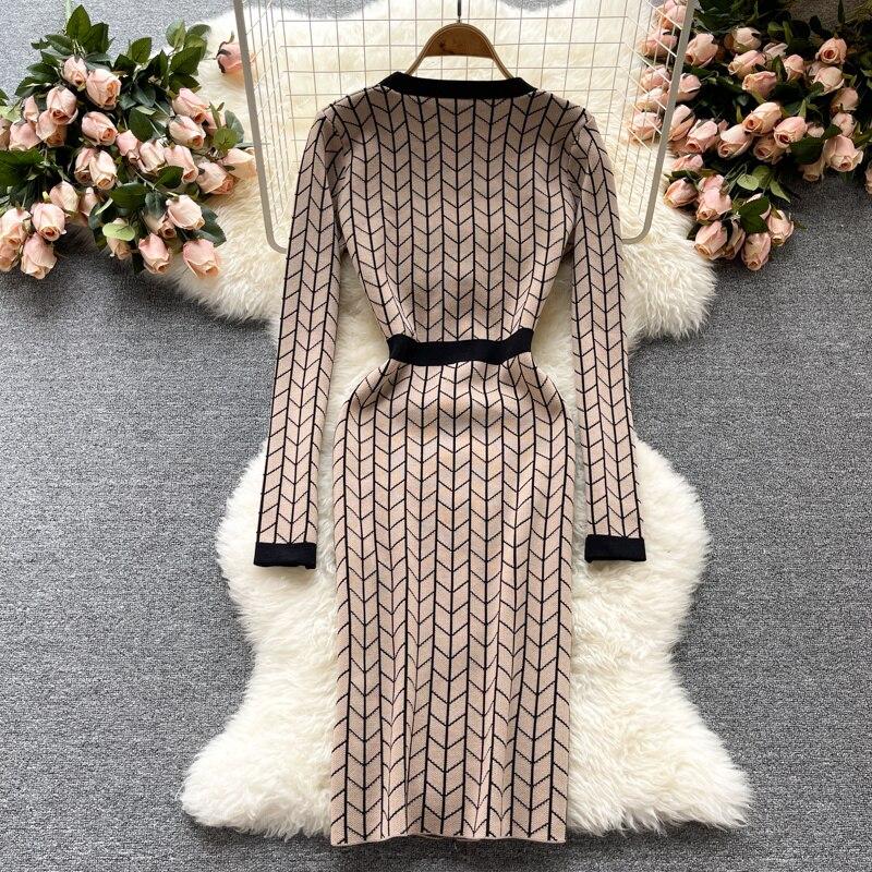 Long Sleeve Knit Sweater Dress Women Autumn Fashion Geometric Pattern Single Breasted Elegant Knitting Office Party Dresses