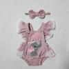 Newborn Girl Outfit, Fly Sleeve Embroidery Elephant Heart Romper with Hairband Valentine 's Day Clothes