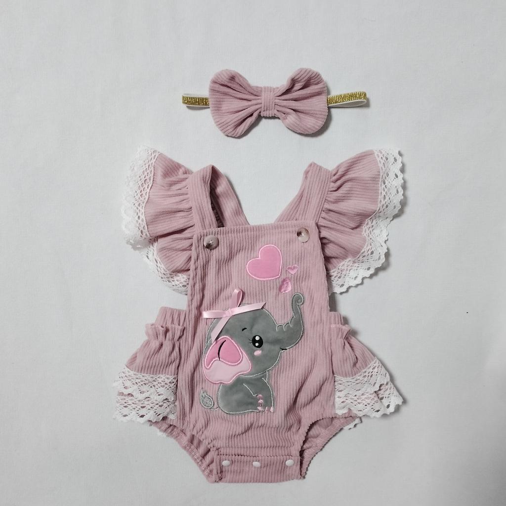Newborn Girl Outfit, Fly Sleeve Embroidery Elephant Heart Romper with Hairband Valentine 's Day Clothes