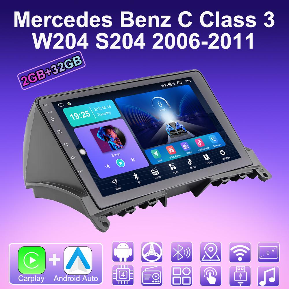 2 DIN Android Carplay Car Radio For Mercedes Benz C Class 3 W204 S204 2006-2011 Multimedia Player Head Unit Stereo GPS Navigation BT WIFI 2+32GB