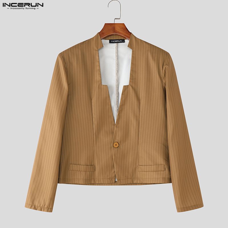 INCERUN Men Striped Sets Cutout Cropped Tops and Long Pants Trousers Casual Suits