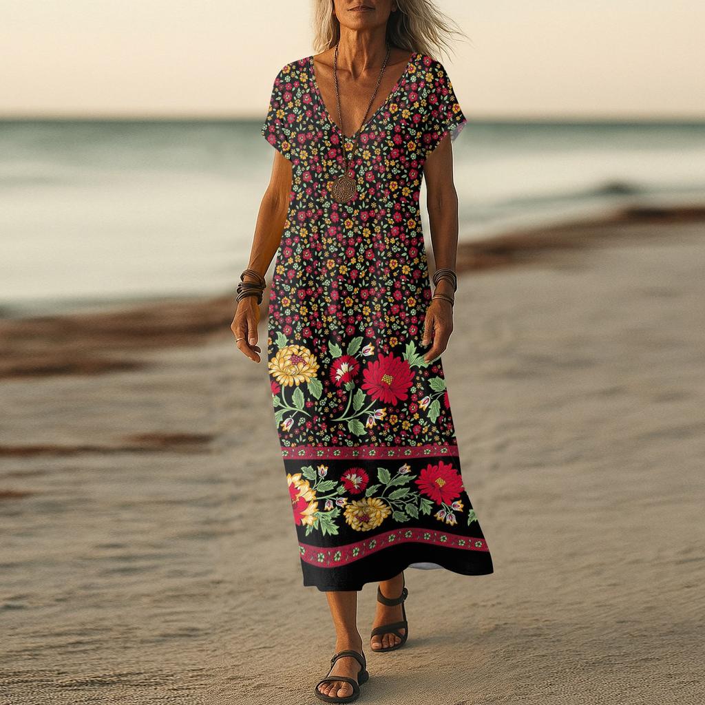 Летнее платье Женское длинное платье бохо для пляжа Элегантное платье макси V-образный вырез Короткий рукав Летнее платье-туника Легкое воздушное