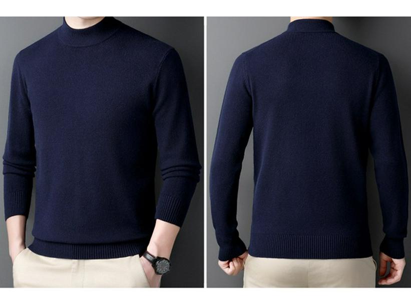 Men's 100% Cashmere Mid-Neck Black Sweater - Thickened Winter Base Layer
