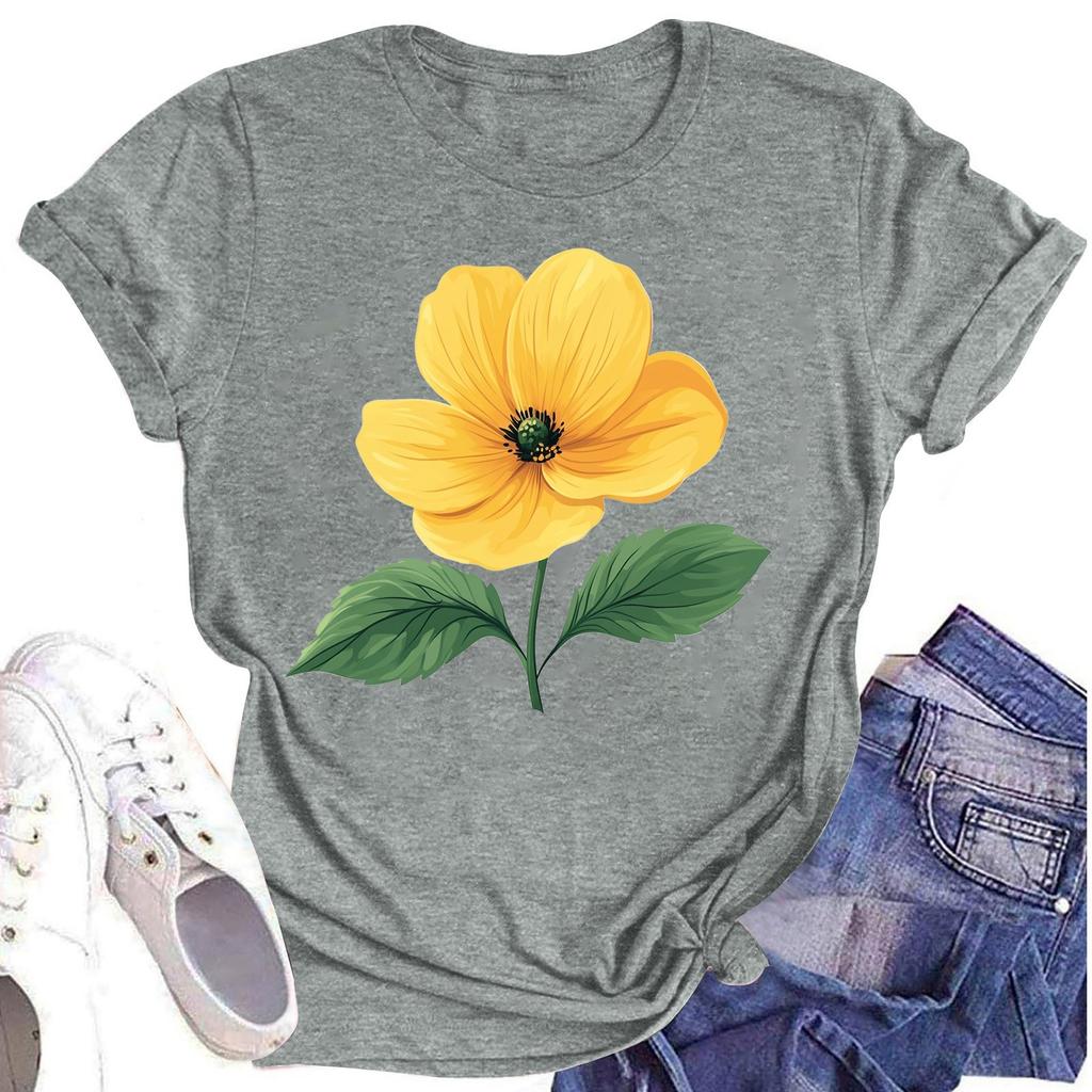 Женская повседневная футболка с круглым вырезом и цветочным принтом, короткий рукав