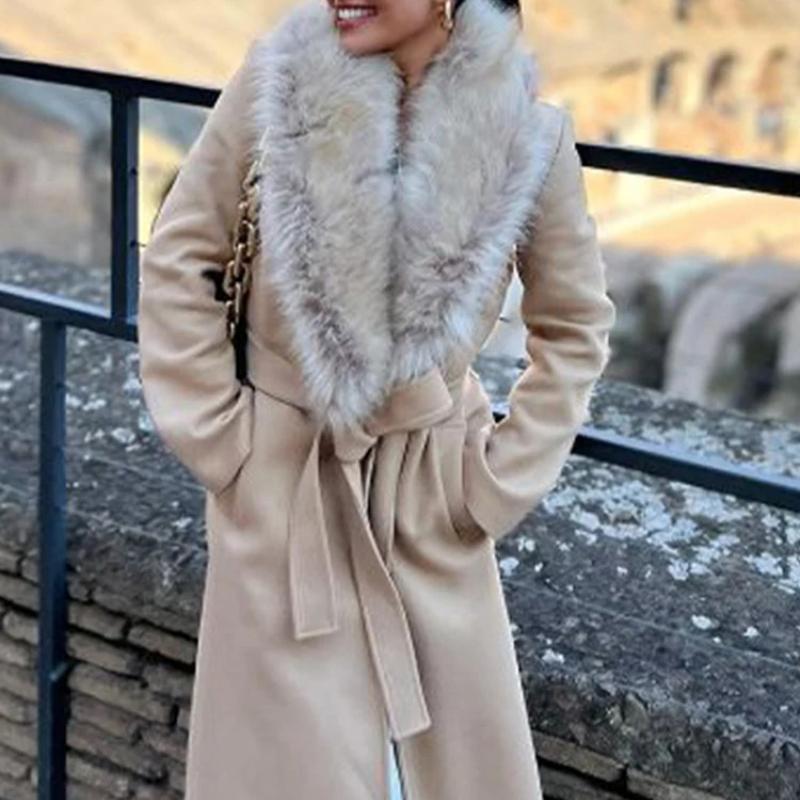 Повседневное теплое шерстяное длинное пальто со шнуровкой для женщин, осень-зима, элегантное пальто с лацканами и длинными рукавами, ветрозащитная куртка в стиле пэчворк