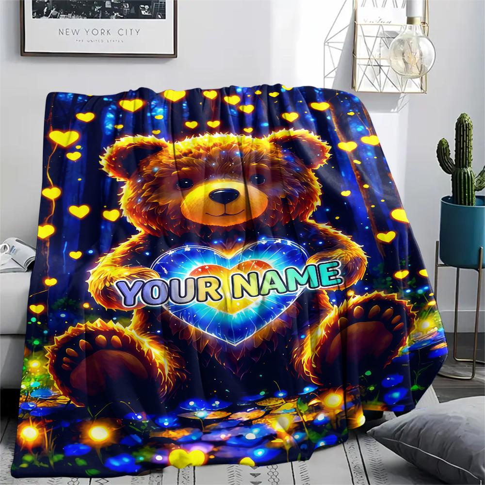 1PC Custom Name Forest Bear Heart Patterned Flannel Blanket Suitable For All Seasons for Home Decor Warmth and Comfort Gifts Holiday Present_lx