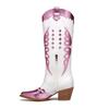 European and American New Thick Heel Pointed Head Color Matching Embroidered Western Boots V Mouth But Knee High Heel Sleeve Western Boots Women