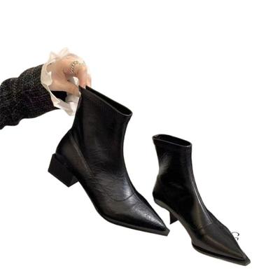 Женские остроносые ботильоны на среднем каблуке, остроносые кожаные сексуальные ботинки челси, трендовый дизайн, зимние новые туфли-лодочки, дизайнерские короткие ботинки для женщин