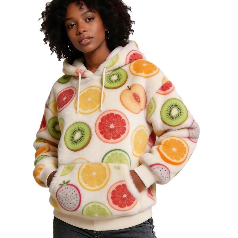 Short Sleeve Independent Winter Leopard Smiley Flower Plush Hooded Sweatshirt Mink Fur Thick