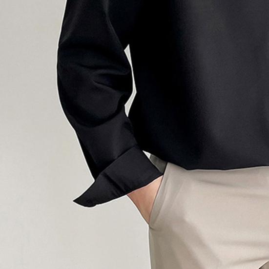 Мужская рубашка весна-осень с V-образным вырезом и лацканами, официальная офисная рубашка, шелковистая свободная прямая рубашка-пуловер, деловой топ для свиданий и вечеринок