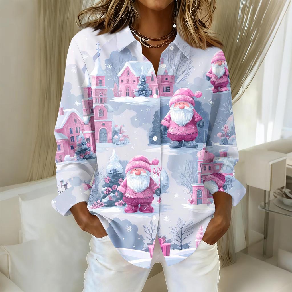 Women's Christmas Printed Button Up Long Sleeved Casual Regular Shirt With Collar Top