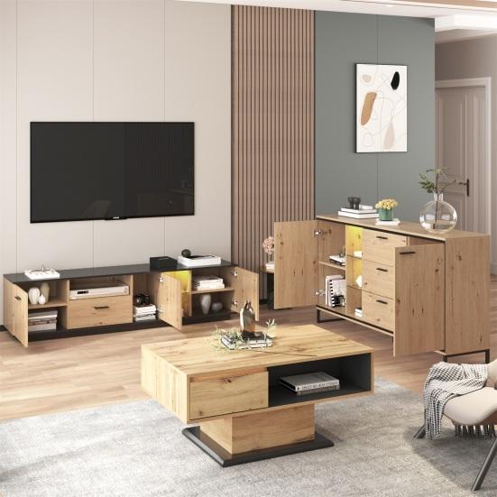 Kitchen Cabinet with Two Doors Three Drawers Wood Grain Metal Legs Wood Color Utility Pantry Dining Room