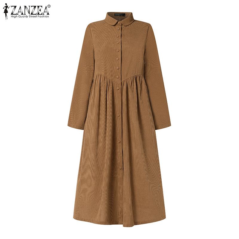 ZANZEA Женское повседневное платье в стиле ретро с отложным воротником и длинными рукавами