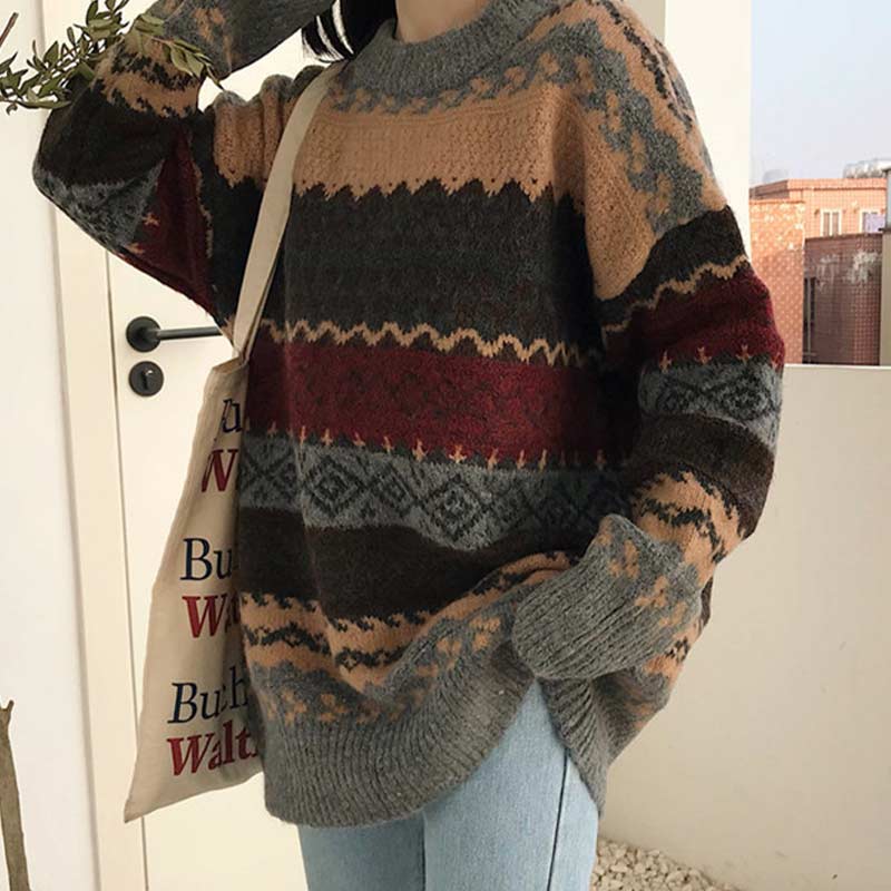 Vintage Sweaters Women Pullover Winter Striped Jumpers Korean Style Oversized Sweater Knitwear Casual Loose Pullover Pull Femme