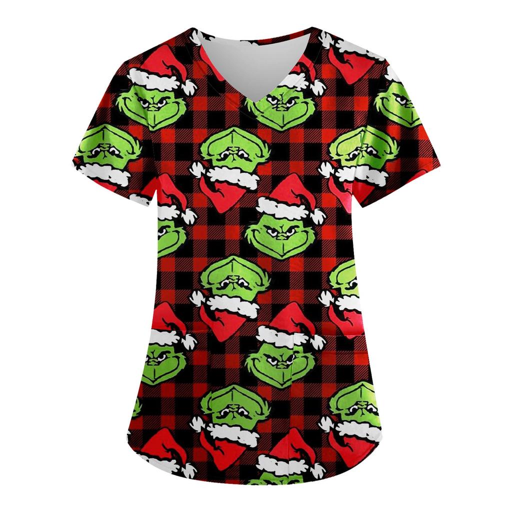 Женские модные топы с короткими рукавами и V-образным вырезом с принтом, рабочие футболки с карманами