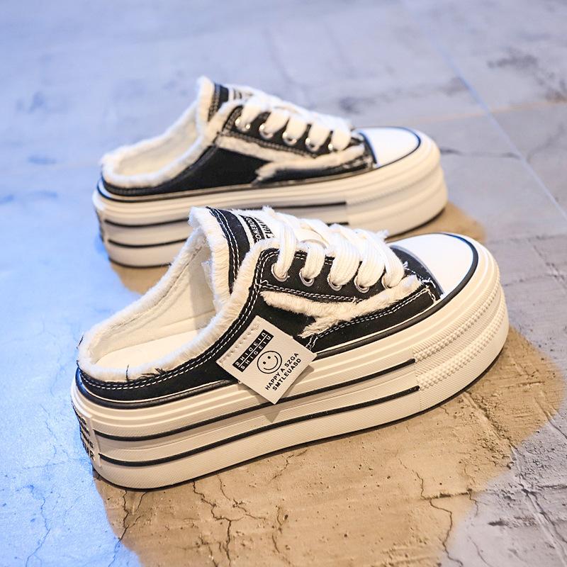 Baotou slippers women's summer wear 2024 new canvas shoes without heel half support, Internet celebrity lazy half drag, thick-soled sandals