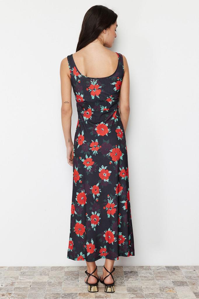 Women's Style Dress Black Straight Strap Skater Flexible Knitted Dress with Waist Opening