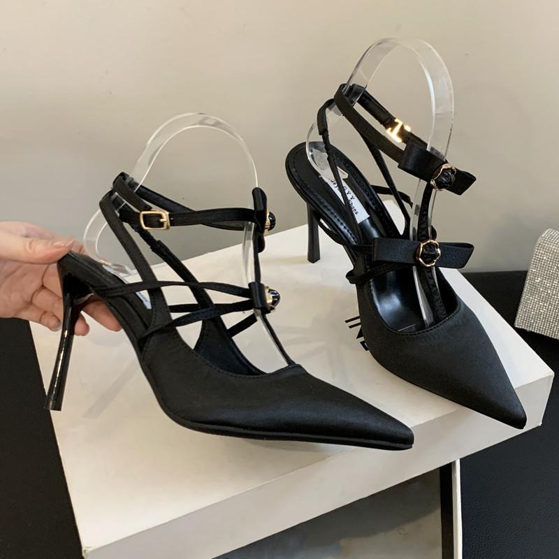 Модный стиль звезды Элегантные туфли-лодочки Мэри Джейн с острым носком и атласным бантом Женские туфли Летняя мода Слингбэки Высокие каблуки-шпильки Туфли для выпускного вечера