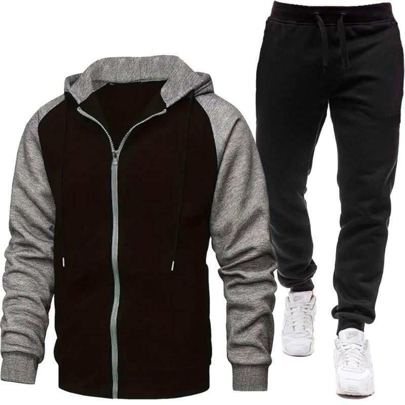 Men's Fashion Color Blocked Coat Long Sleeve Casual Sports Set Men's Top Pants