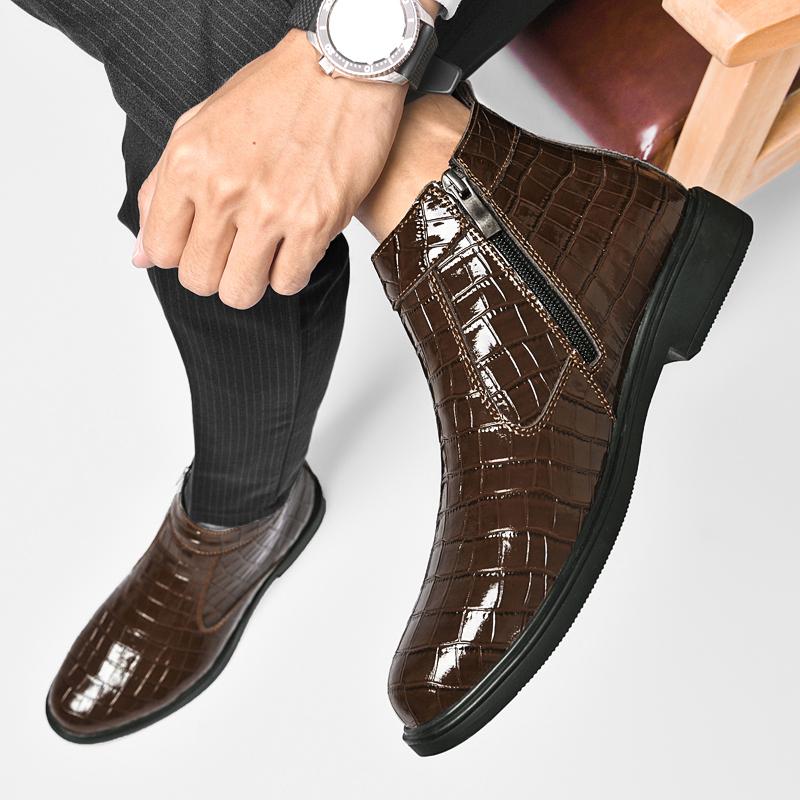 Осенние мужские модные и удобные повседневные высокие кожаные туфли с боковой молнией Зимние мужские теплые хлопковые туфли Ботинки Челси