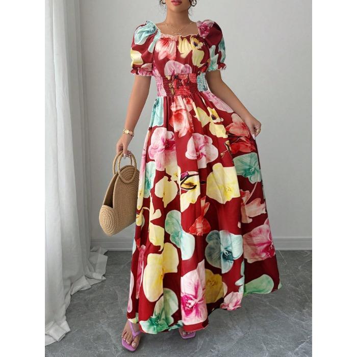 Лето Европа и США новый рукав-буф высокая талия талия печать женская одежда большой клеш подтяжки платье