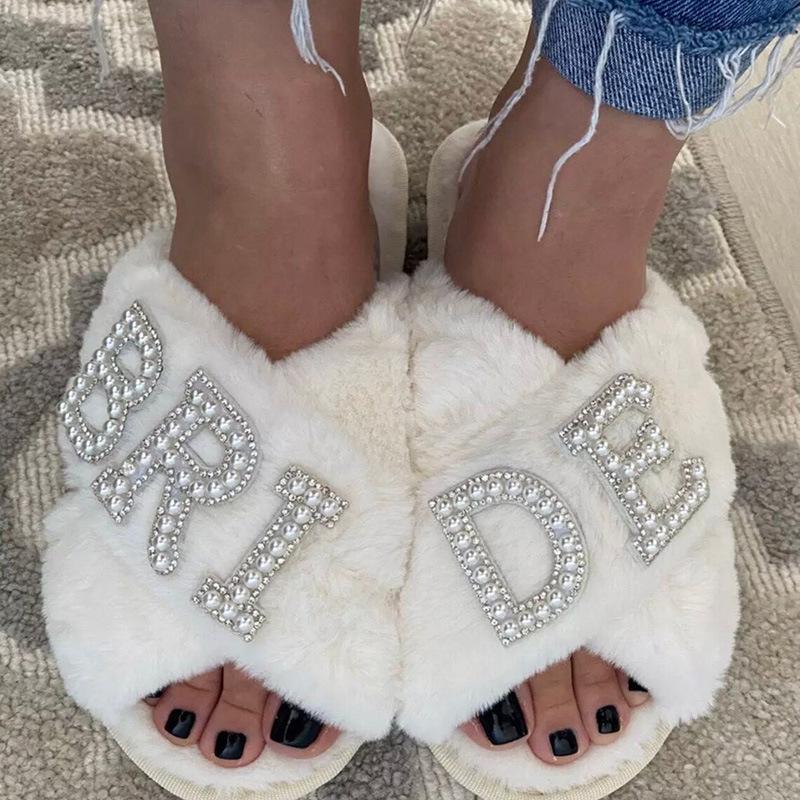 Bridal Pearl Letter Cross-Toe Plush Slippers - Wedding & Bachelorette Gift