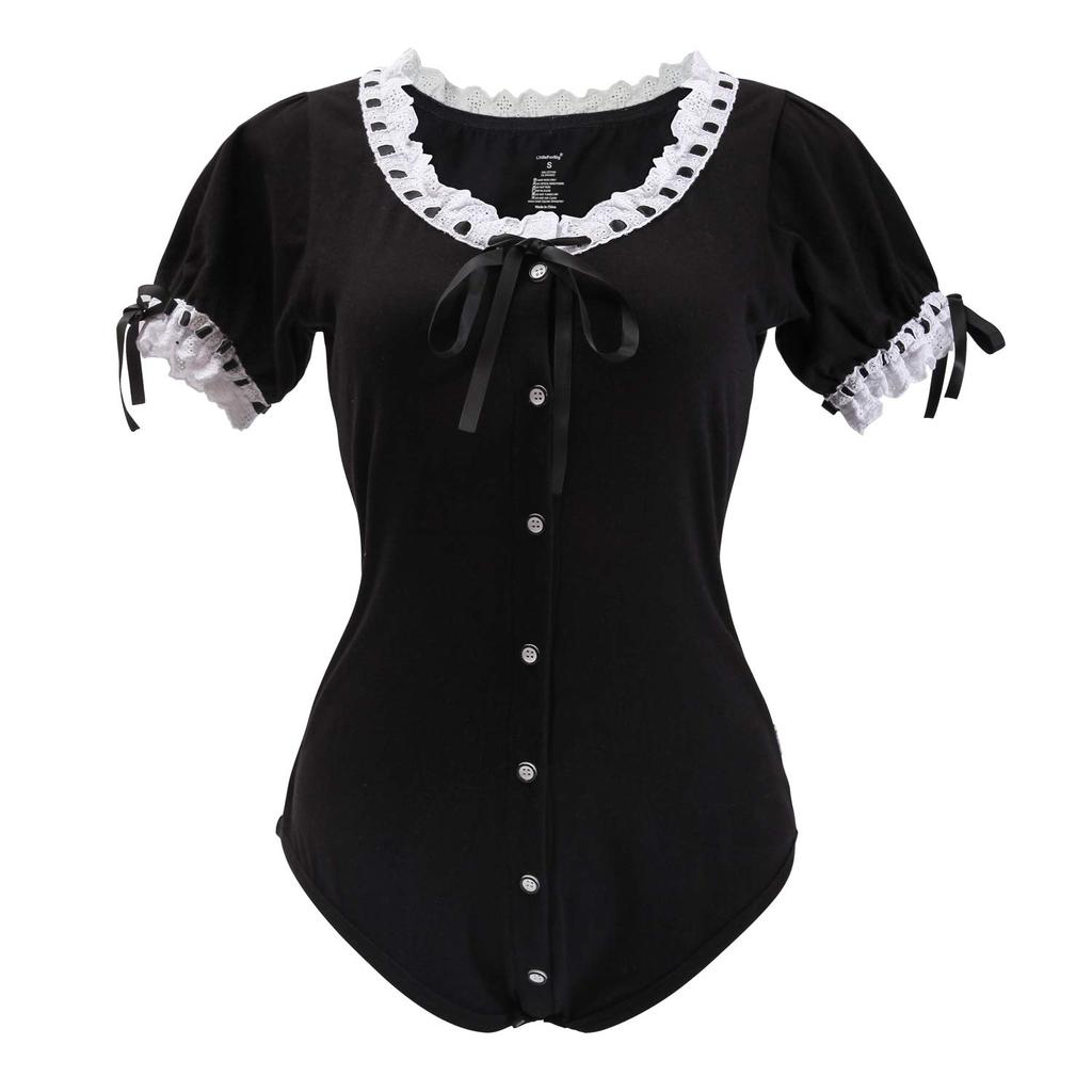 [LittleForBig] Adult Lolita Romper with Ribbon Bow and Lace, Front-Opening Cotton Pajamas, Black, Size S