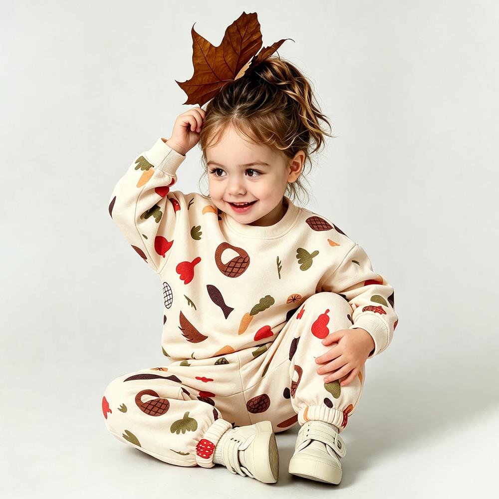 Warm Fleece Lined Baby Clothes Set Cute Round Neck Sweatshirt + Pant Kids Boy Girl Clothing