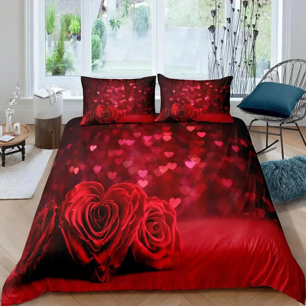 Valentine'S Day Rose Duvet Cover Set Romantic Couple Theme Bedding Set 3D Rose Comforter Cover Set Love Bedspread Twin King Size