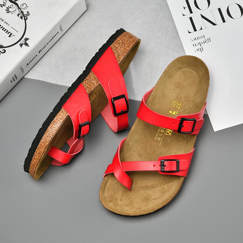 2024New Summer Black/white/red Women Cork Slipper Casual Beach Double Buckle Non-slip Outside Nubuck Leather Slip On Slides Shoe