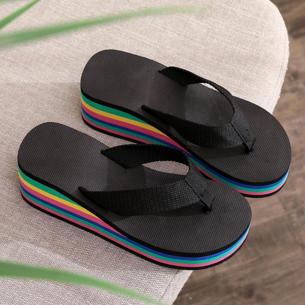 Slippers Women's Flip-flops Women's Summer Rainbow Platform Sandals High Heels Colored Outer Wear Women's Shoes Casual Beach