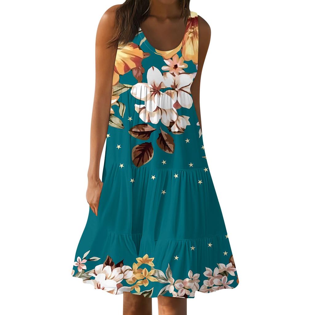 Гавайское платье для женщин, летние весенние плиссированные богемные платья, милые струящиеся пляжные платья без рукавов, прямые платья-майки, платья с круглым вырезом