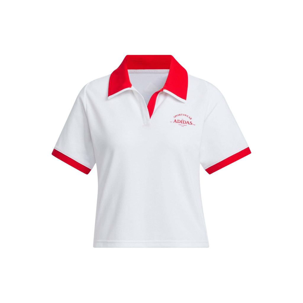 Adidas Verbiage Colorblock Print Cropped Casual Polo Tee Women Tops White JC8685
