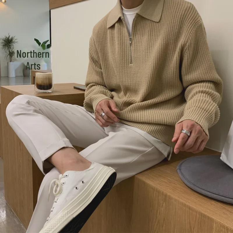 Мужской свитер в японском ретро-стиле с застежкой-молнией на половину длины – осень/зима, элитный, свободный крой, с лацканами, повседневный.